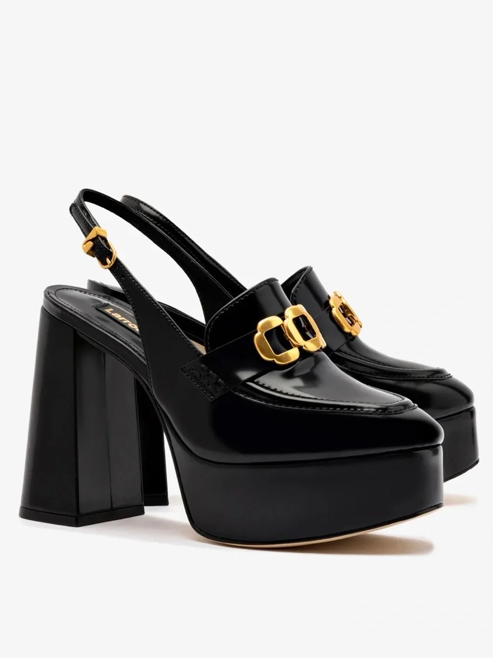 Larroude Harrington Glossy Black Platform Slingback Loafers Heels 7.5 NIB NWT